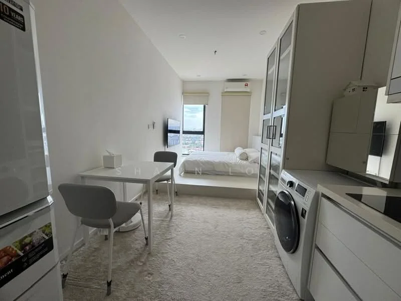 Room features: white painted walls, light-colored carpet flooring, floor-to-ceiling windows, queen-size bed, bedside table, white cabinetry, built-in wardrobe, dining table for two, two dining chairs, stainless-steel fridge, front-load washing machine, built-in oven, ceramic cooktop, microwave; style: modern; view: city.