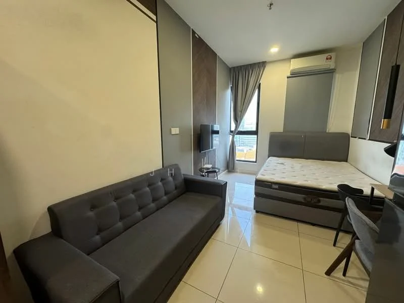 Living features: grey fabric sofa, white walls, tile flooring, floor-to-ceiling window, curtains, wall-mounted air conditioning unit, queen-size bed with storage, black dining chair, small dining table, built-in wardrobe; style: modern; view: city.