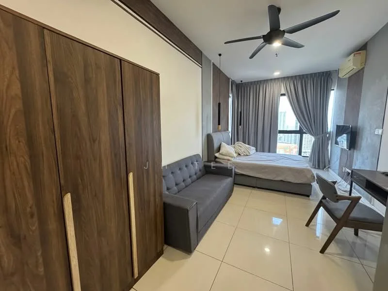 Room features: grey fabric sofa, queen-size bed with grey bedding, wooden wardrobe with sliding doors, wooden study desk, chair, floor-to-ceiling windows, curtains, ceiling fan with light, white tiled flooring, air conditioning unit; style: modern; view: city.