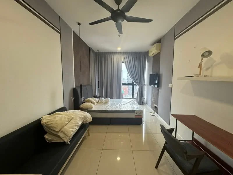 Bedroom features: queen-size bed, upholstered headboard, 2 bedside tables, sofa with cushions, study desk, chair, floor-to-ceiling windows, grey curtains, wall-mounted TV, air conditioning unit, recessed downlights, white painted walls, glossy tile flooring, ceiling fan; style: modern; view: city.