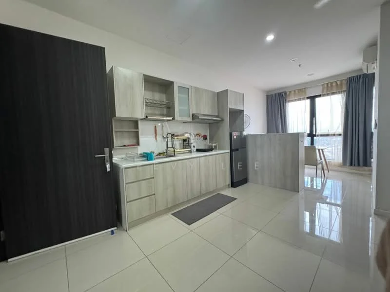 Kitchen features: light grey cabinetry, white countertop, stainless-steel fridge, built-in oven, 4-burner gas hob, single-bowl stainless-steel sink, chrome pull-down faucet, ceramic tile flooring, white tiled backsplash, window with sheer curtains, recessed downlights, dining table with chairs, open shelving; style: modern; view: city.