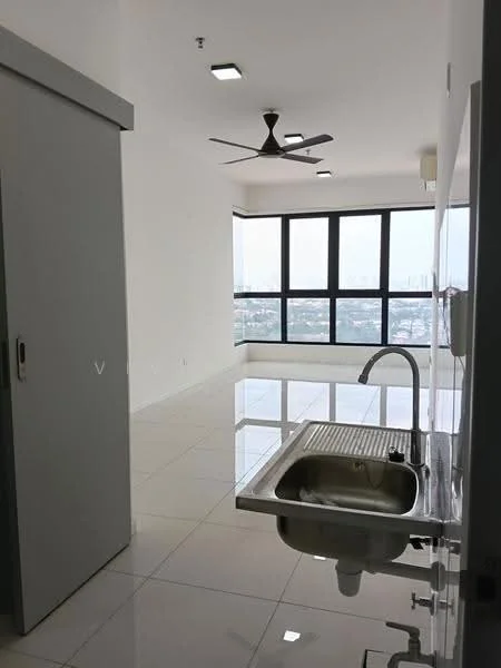 Kitchen features: single-bowl stainless-steel sink, chrome pull-down faucet, white walls, glossy white tile flooring, 5-blade ceiling fan, floor-to-ceiling windows, city view, sliding door, open layout; style: modern; view: city.
