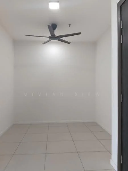 Room features: white painted walls, tile flooring, 5-blade ceiling fan, LED ceiling light.