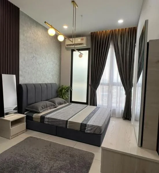 Bedroom features: king-size bed with upholstered headboard, grey bedding, 2 bedside tables, floor-to-ceiling windows, sheer curtains, dark wood accent wall, recessed downlights, pendant light fixture, wall-mounted mirror, carpeted area rug, air conditioning unit; style: modern; view: city.
