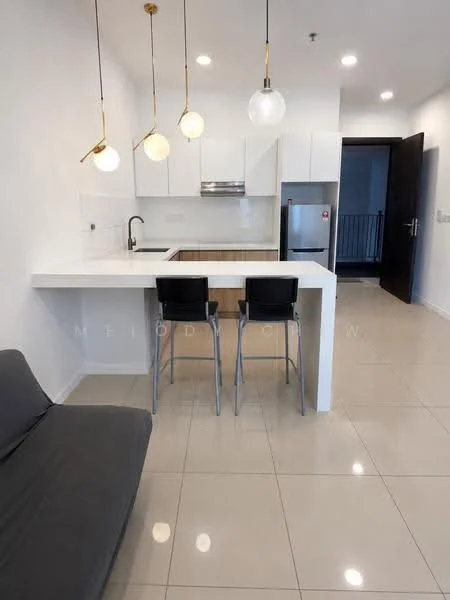 Kitchen features: white cabinetry, marble countertop, single-bowl stainless-steel sink, chrome pull-down faucet, built-in oven, stainless-steel fridge, 3 pendant lights, bar seating with 2 black stools, white tiled backsplash, ceramic tile flooring, open layout, wall-mounted range hood; style: modern.