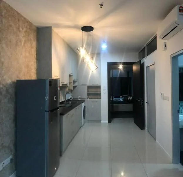 Kitchen features: stainless-steel fridge, built-in oven, freestanding washing machine, black granite countertop, white cabinetry, pendant lighting, recessed downlights, white tiled flooring, grey accent wall, open shelving; style: modern. Room features: black door, white door, light switch, air conditioning unit.
