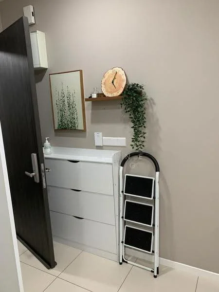 Room features: grey painted walls, white cabinetry with three drawers, wooden wall clock, decorative shelf with plant, white step ladder, tile flooring, wall-mounted hand sanitizer dispenser, framed artwork with green plants; style: modern.