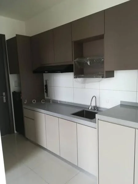 Kitchen features: single-bowl stainless-steel sink, chrome pull-down faucet, grey laminate countertop, brown flat-panel cabinets, white tiled backsplash, built-in oven, stainless-steel range hood, ceramic tile flooring, recessed downlights; style: modern.