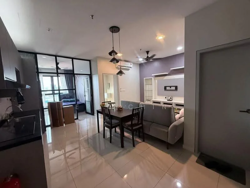 Living features: dining table with four chairs, sofa in light grey fabric, ceiling fan with light, recessed downlights, wall-mounted air conditioning unit, floor-to-ceiling windows, white painted walls, glossy tile flooring, open-plan layout, TV console, decorative wall art; style: modern; view: city. Kitchen features: black cabinetry, stainless-steel sink, built-in stove, microwave, kitchen island with seating, white backsplash, refrigerator; style: modern.