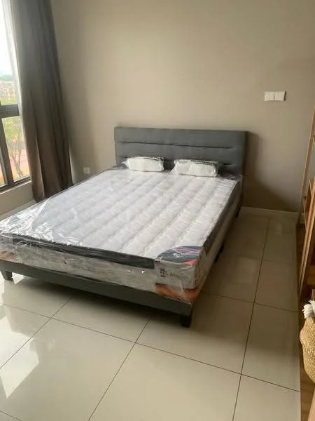 Bedroom features: queen-size bed, upholstered headboard, two decorative pillows, grey bed frame, white mattress protector, floor-to-ceiling window, curtains, glossy tile flooring, wooden shelving unit; style: modern; view: city.