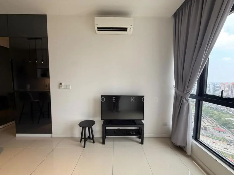 Living features: floor-to-ceiling windows, grey curtains, wall-mounted TV, black TV console, small black stool, white painted walls, air conditioning unit, ceramic tile flooring; style: modern; view: city.