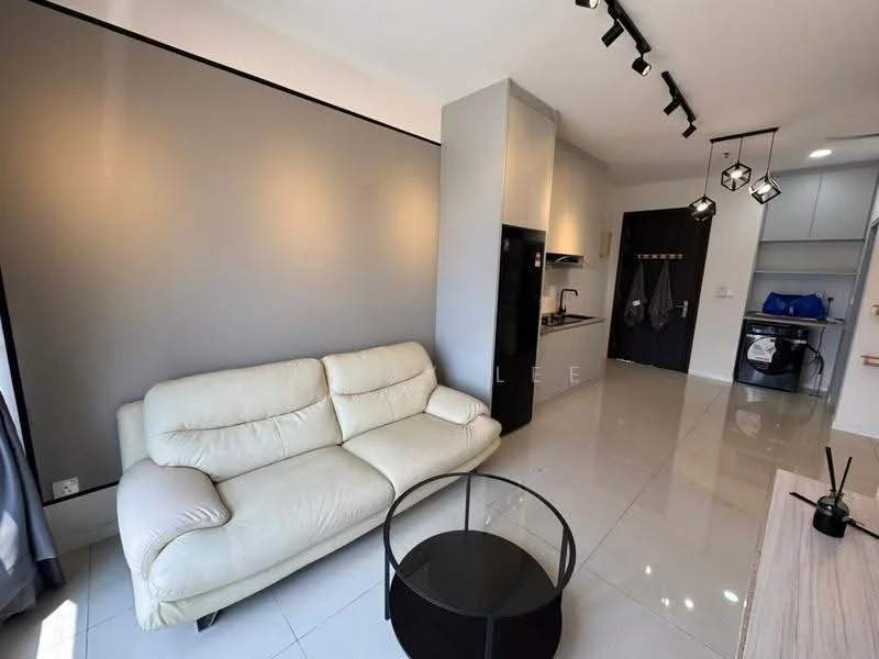Living features: cream leather sofa, round glass coffee table, grey painted walls, white tiled flooring, recessed LED downlights, pendant lighting, open kitchen layout, kitchen island, black refrigerator, black cabinetry, built-in oven, laundry area with washing machine; style: modern.