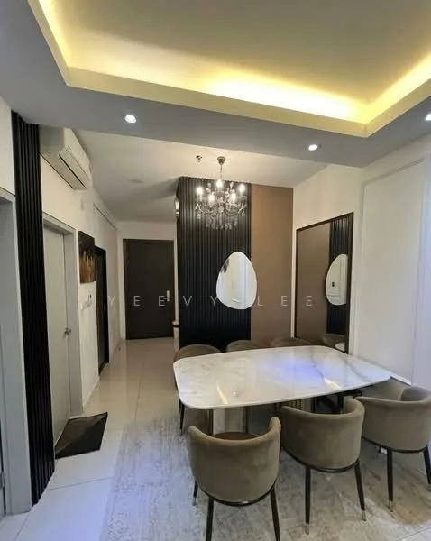 Dining features: marble dining table, upholstered dining chairs in beige, chandelier, recessed downlights, cream painted walls, dark wood accent wall, floor-to-ceiling mirror, tile flooring, air conditioning unit; style: modern. Room features: white painted walls, doorway leading to hallway, dark wood door.