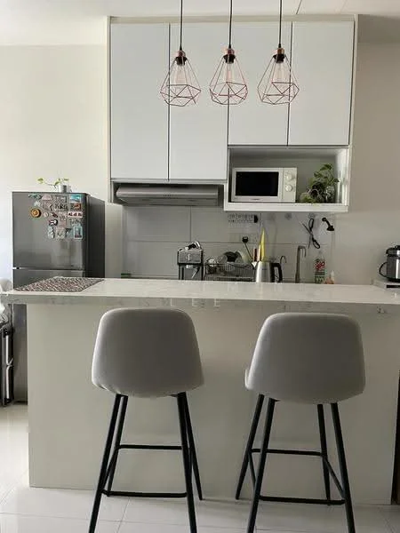 Kitchen features: white cabinetry, marble countertop, stainless-steel sink, chrome pull-down faucet, built-in microwave, freestanding range oven, refrigerator, 3 pendant lights with geometric design, bar stools with grey upholstery, tile backsplash, wall-mounted kitchen accessories, open shelving, kettle, coffee machine; style: modern.