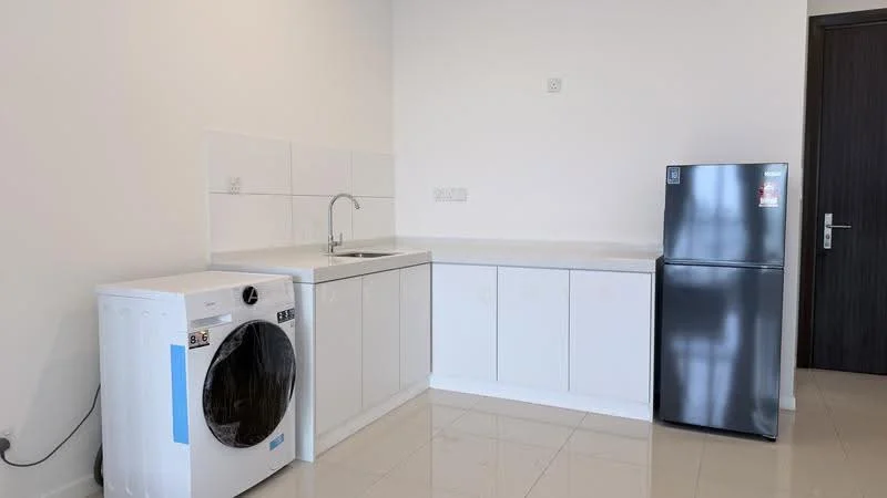 Laundry features: white cabinetry, white countertop, single-bowl stainless-steel sink, chrome pull-down faucet, front-load washing machine, stainless-steel fridge, glossy tile flooring, white tiled walls; style: modern.