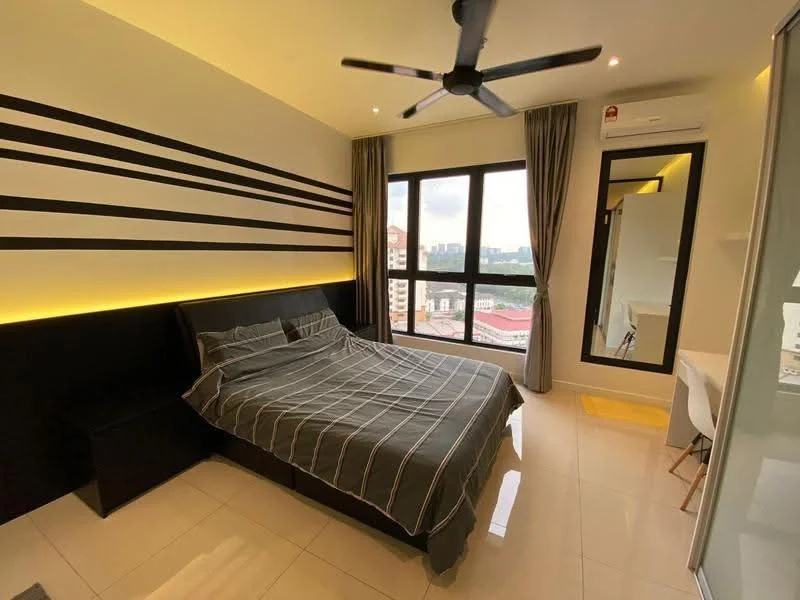 Bedroom features: king-size bed with grey bedding, upholstered headboard, 2 bedside tables, 5-blade ceiling fan with light, floor-to-ceiling windows, grey curtains, built-in wardrobe with glass doors, study desk with white chair, mirror, white tiled flooring, wall-mounted air conditioning unit, accent wall with black stripes; style: modern; view: city.