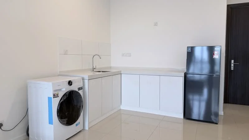 Laundry features: white cabinetry, single-bowl stainless-steel sink, chrome faucet, front-load washing machine, stainless-steel fridge, white tiled backsplash, light-colored countertop, glossy floor tiles; style: modern.