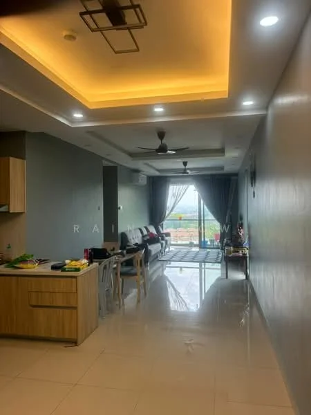 Living features: grey painted walls, glossy tile flooring, tray ceiling with recessed lighting, 5-blade ceiling fan, floor-to-ceiling windows, sliding glass door, curtains, sofa with cushions, dining table with chairs, kitchen island with cabinetry, decorative wall art, open layout; style: modern; view: garden.
