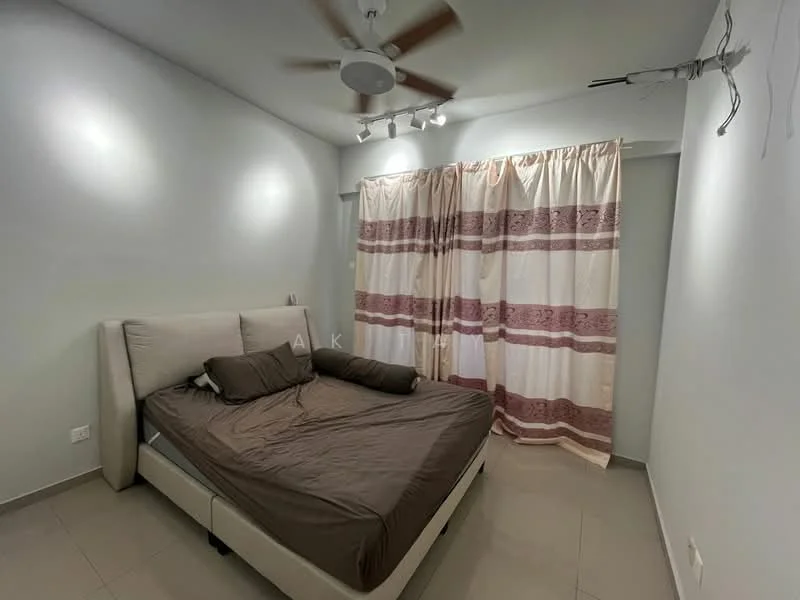 Bedroom features: queen-size bed with beige upholstered headboard, brown bedding, 2 brown throw pillows, ceiling fan with 5 blades, recessed downlights, white painted walls, light grey tiled flooring, curtains with a cream and maroon pattern, wall-mounted light fixture, power outlet on wall; style: modern.