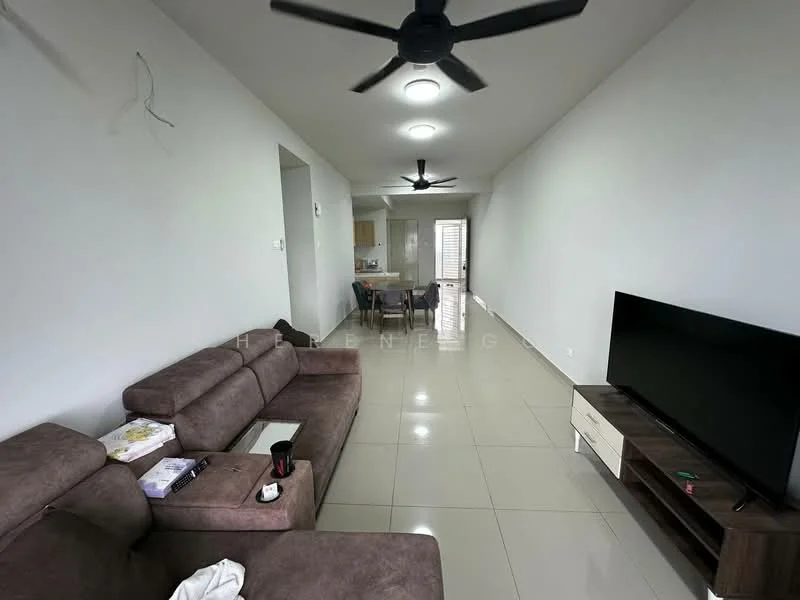 Living features: 3-seater fabric sofa in brown, coffee table, wall-mounted TV, TV console, ceiling fan with light, recessed downlights, large windows, glossy ceramic tile flooring, neutral painted walls; style: modern. Kitchen features: open kitchen layout, wood cabinetry, stainless-steel appliances, countertop with bar seating; style: modern.