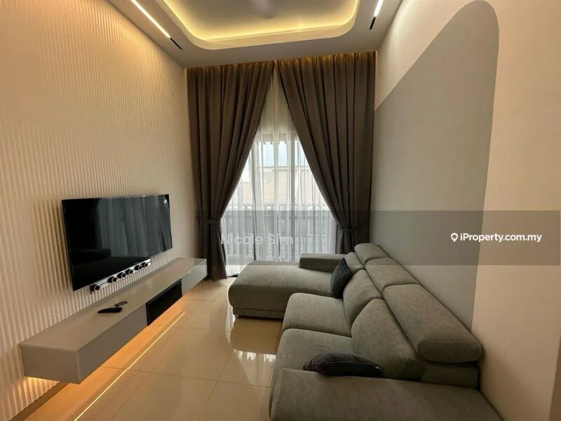 Living features: grey fabric sectional sofa, wall-mounted TV, TV console with integrated lighting, cream painted walls, recessed ceiling lights, floor-to-ceiling windows, sheer curtains, polished tile flooring, decorative wall paneling, LED strip lighting; style: modern.