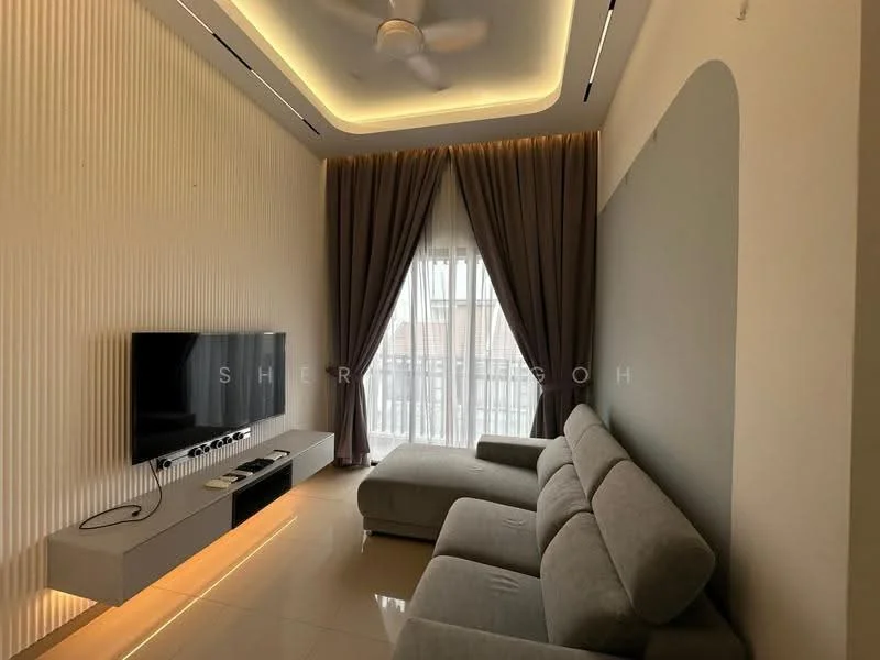 Living features: grey fabric L-shape sectional sofa, wall-mounted TV, TV console with storage, recessed LED downlights, ceiling with integrated LED lighting, floor-to-ceiling windows with sheer curtains, cream painted walls, light-colored tiled flooring, decorative wall paneling, curtains in dark grey, wall-mounted shelf; style: modern.