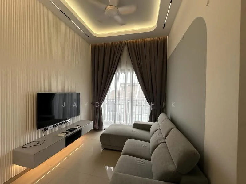Living features: grey fabric sectional sofa, wall-mounted TV, TV console with storage, recessed lighting, ceiling fan, floor-to-ceiling windows, sheer curtains, light-coloured wall with textured paneling, cream tiled flooring, decorative wall with accent lighting; style: modern.