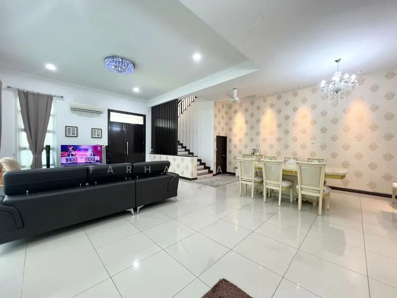 Living features: black leather sofa, wall-mounted TV, white tiled flooring, chandelier, 5-blade ceiling fan, decorative wall with diamond pattern, curtains in grey, area rug in brown; style: modern. Dining features: 6-seater dining table, upholstered dining chairs, cream wallpaper with gold pattern, white ceiling, recessed lighting; style: modern.