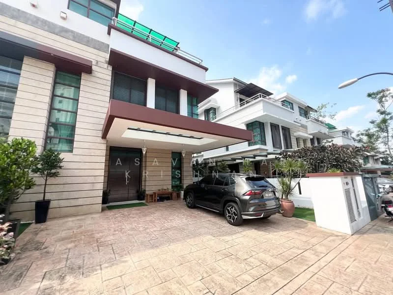 Exterior type: semi-detached house; features: stone cladding facade, flat roof with overhang, driveway with interlocking pavers, car porch with awning, manicured landscaping, potted plants, large windows, balcony on upper floor, modern architectural design; style: modern.