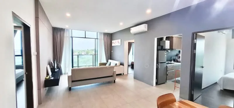 Living features: grey accent wall, white painted walls, floor-to-ceiling windows, curtains, sofa in light grey, TV console, wall-mounted TV, recessed downlights, tile flooring, air conditioning unit; style: modern; view: city. Kitchen features: kitchen cabinets in wood finish, stainless-steel appliances, countertop, open layout, refrigerator, oven, sink, stove, tile backsplash; style: modern. Room features: bed with white bedding, window with curtains.