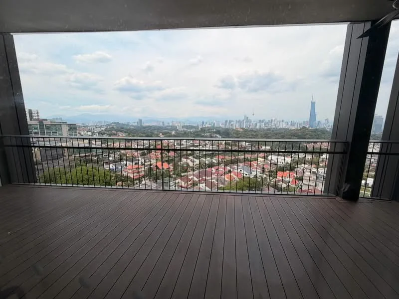 Room features: large balcony, wooden decking, metal railing, city skyline view, mountain view, open space, glass sliding doors, covered area; style: modern; view: city.