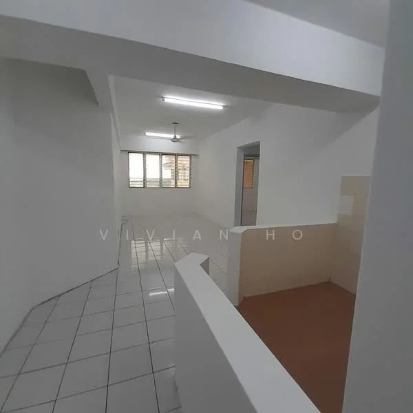 Room features: white painted walls, glossy ceramic tile flooring, ceiling with recessed lighting, 1 ceiling fan, large windows with grid pattern, open layout, corner wall with light brown finish, neutral color scheme; style: modern.