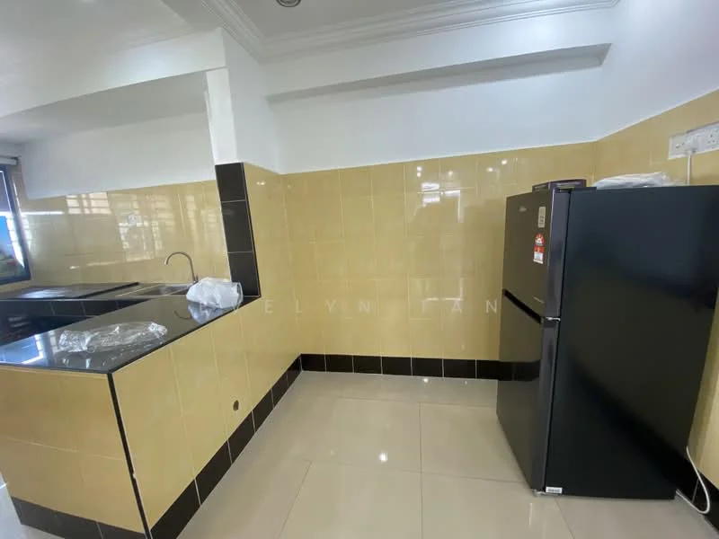 Kitchen features: black granite countertop, yellow tiled backsplash, black refrigerator, single-bowl stainless-steel sink, chrome pull-down faucet, cream tiled walls, cream floor tiles, kitchen cabinetry, open layout; style: modern.