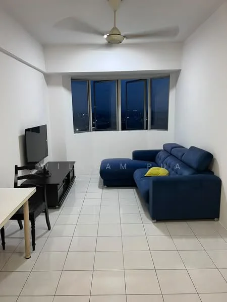 Living features: blue fabric sectional sofa, white tiled flooring, wall-mounted flat-screen TV, black TV console, ceiling fan, floor-to-ceiling windows, city view, light-colored walls, dining table with chairs; style: modern; view: city.