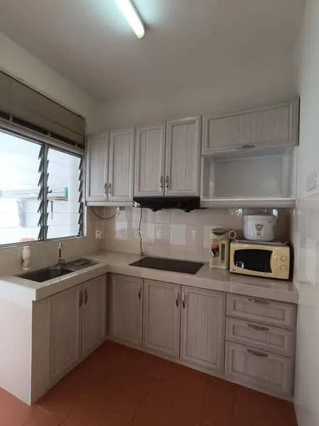 Kitchen features: light grey cabinetry, black countertop, single-bowl stainless-steel sink, chrome pull-down faucet, built-in microwave, freestanding microwave, ceramic tile backsplash, window with horizontal blinds, recessed ceiling light, orange tile flooring; style: modern.