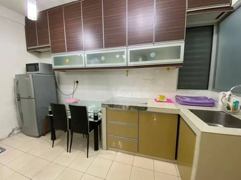 Kitchen features: brown laminate cabinetry, white countertop, stainless-steel sink, chrome faucet, built-in glass-front upper cabinets, 4-seater glass dining table, black dining chairs, stainless-steel fridge, tile flooring, white tiled backsplash, window with blinds; style: modern.