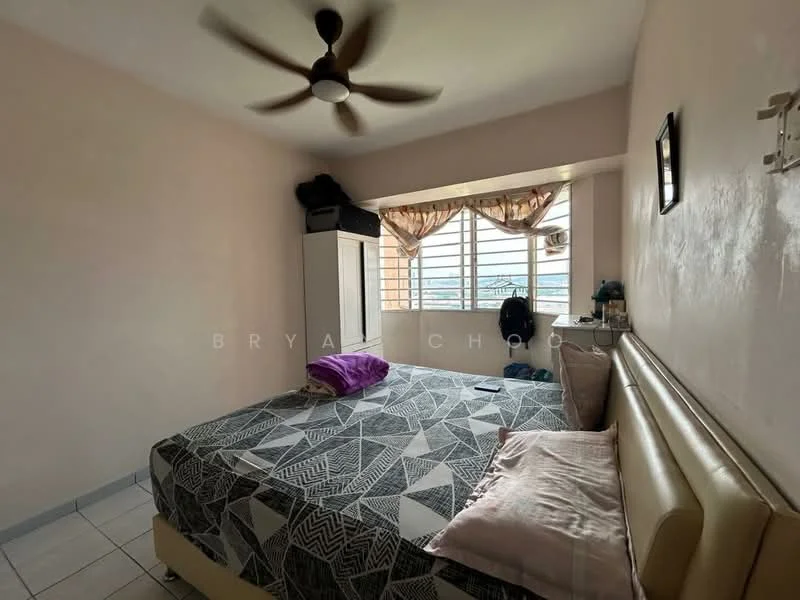 Bedroom features: queen-size bed, upholstered headboard, 2 bedside pillows, ceiling fan, window with horizontal bars, curtains with geometric pattern, light-colored walls, tiled flooring, built-in wardrobe, decorative wall art; view: city.