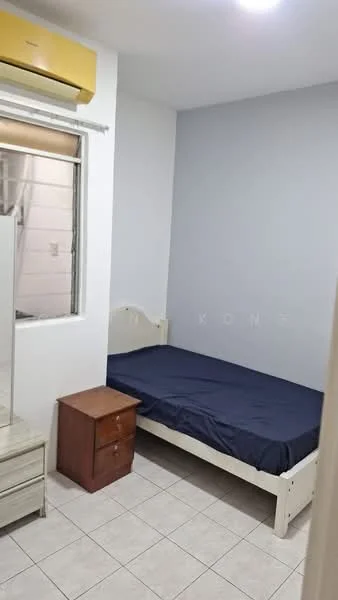 Bedroom features: single bed with blue bedding, white painted walls, tile flooring, window with sheer curtains, wall-mounted split AC unit, wooden bedside table, mirror on dresser, built-in wardrobe.
