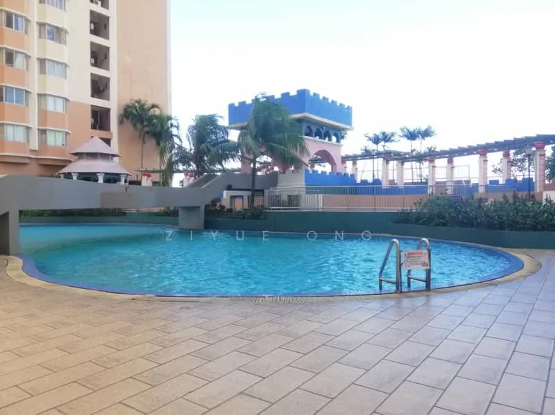 Exterior type: swimming pool deck; features: infinity pool, pool deck with loungers, surrounding palm trees, landscaped garden, children's play area with castle structure, tiled flooring around pool, blue and white color scheme, fenced area, sunny outdoor space; style: modern.