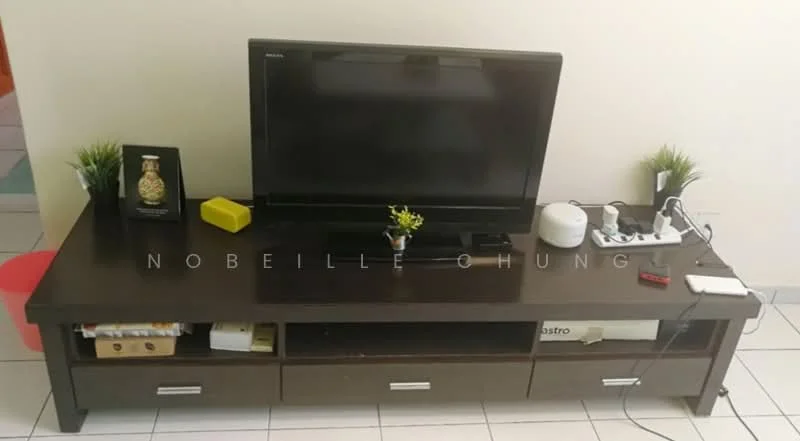 Living features: dark wood TV console, flat-screen TV, decorative plants, framed artwork, yellow decorative box, white speaker, remote control, drawers in console, white power strip, ceramic plant pot; style: modern.