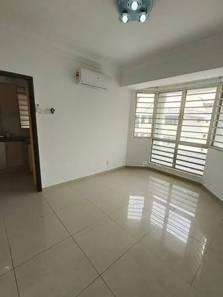 Room features: white painted walls, glossy tile flooring, 1 wall-mounted split AC, ceiling light fixture, floor-to-ceiling windows with horizontal slats, neutral color scheme; style: modern; view: city.