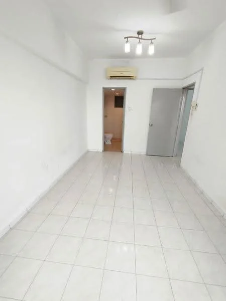Room features: white painted walls, glossy white floor tiles, ceiling with recessed downlights, 1 wall-mounted split AC, doorway leading to bathroom, doorway leading to another room; style: modern.