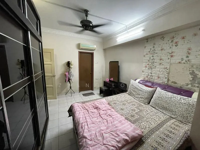 Bedroom features: queen-size bed with patterned bedding, upholstered headboard in purple, 2 bedside lamps, built-in wardrobe with mirrored doors, wall-mounted ceiling fan, white painted walls, exposed brick accent wall, tile flooring, air conditioning unit, full-length mirror, decorative wall art, window with curtain treatment; style: modern.