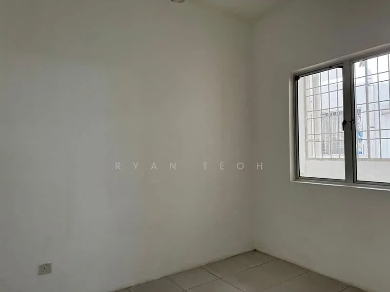 Room features: white painted walls, tile flooring, single window with metal grille.