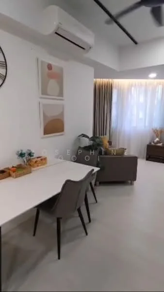 Dining features: white walls, light grey flooring, dining table with white surface, 4 dining chairs in grey, wall-mounted air conditioning unit, decorative wall art with abstract designs, curtains in light fabric, green potted plant, wooden sideboard, natural light from window; style: modern.