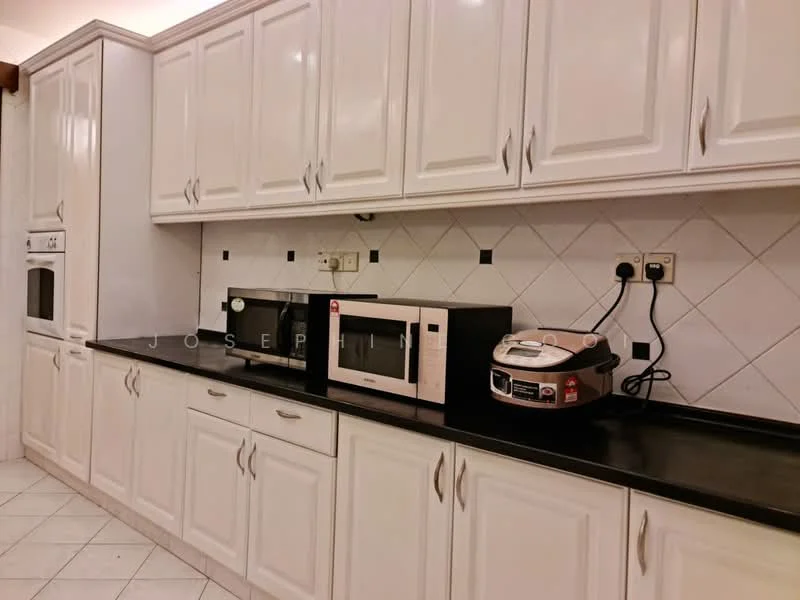 Kitchen features: white shaker cabinets, black granite countertop, white tiled backsplash, built-in oven, microwave, rice cooker, black countertop appliances, ceramic tile flooring, recessed downlights; style: modern.