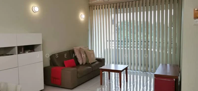 Living features: 3-seater fabric sofa in brown, red throw blanket on sofa, wood coffee table, white cabinet with storage, vertical blinds on windows, light-colored painted walls, glossy tile flooring, wall-mounted light fixtures; style: modern.