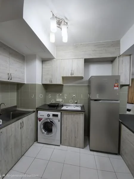 Kitchen features: single-bowl stainless-steel sink, chrome pull-down faucet, grey laminate cabinetry, built-in oven, freestanding range oven, stainless-steel fridge, front-load washing machine, white ceramic tile flooring, recessed downlights, green tiled backsplash, countertop with overhang; style: modern.
