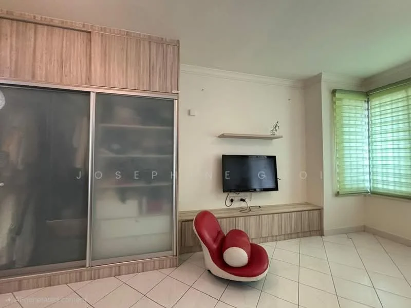 Room features: sliding glass wardrobe, wall-mounted TV, TV console, white walls, tile flooring, green window blinds, shelf unit, red accent chair; style: modern.