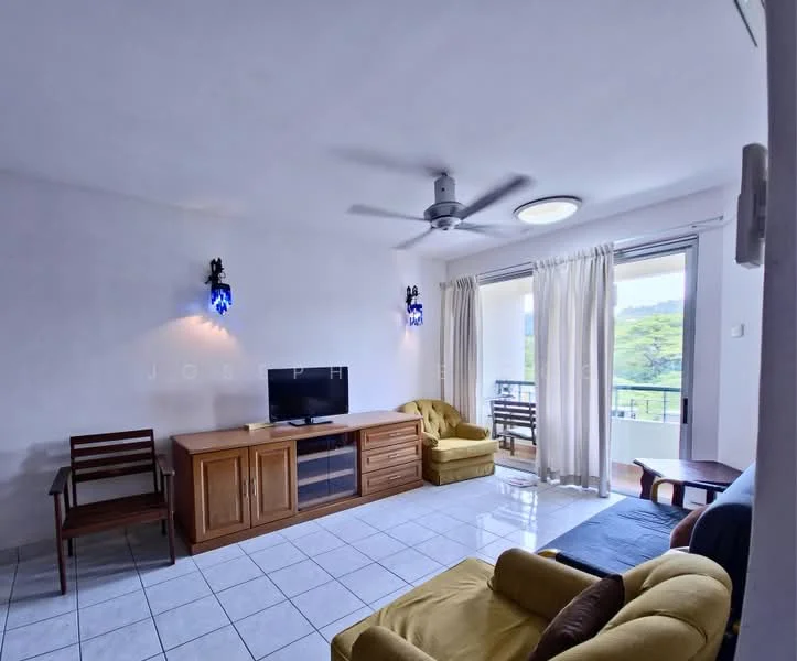 Living features: white painted walls, ceramic tile flooring, 5-blade ceiling fan, recessed downlights, wall-mounted TV, wooden TV console, 2-seater fabric sofa in blue, single armchair in yellow, curtains, large sliding glass door, view of greenery; style: modern; view: garden.
